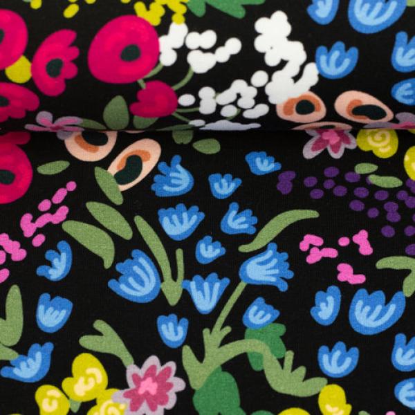 French Terry Sommersweat Blumenwiese bunt auf Schwarz